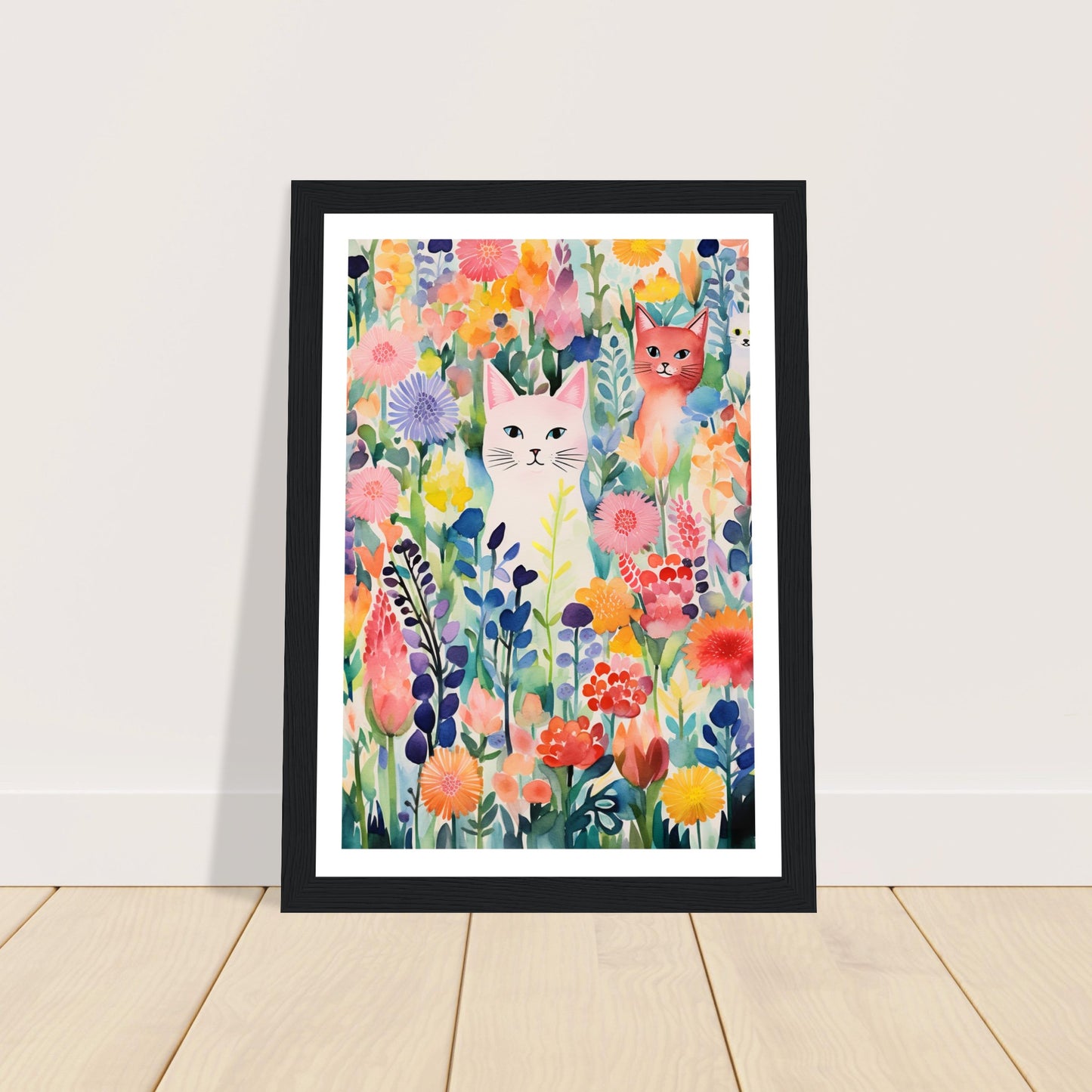 Whimsical Flower Garden Cats Wall Art Print