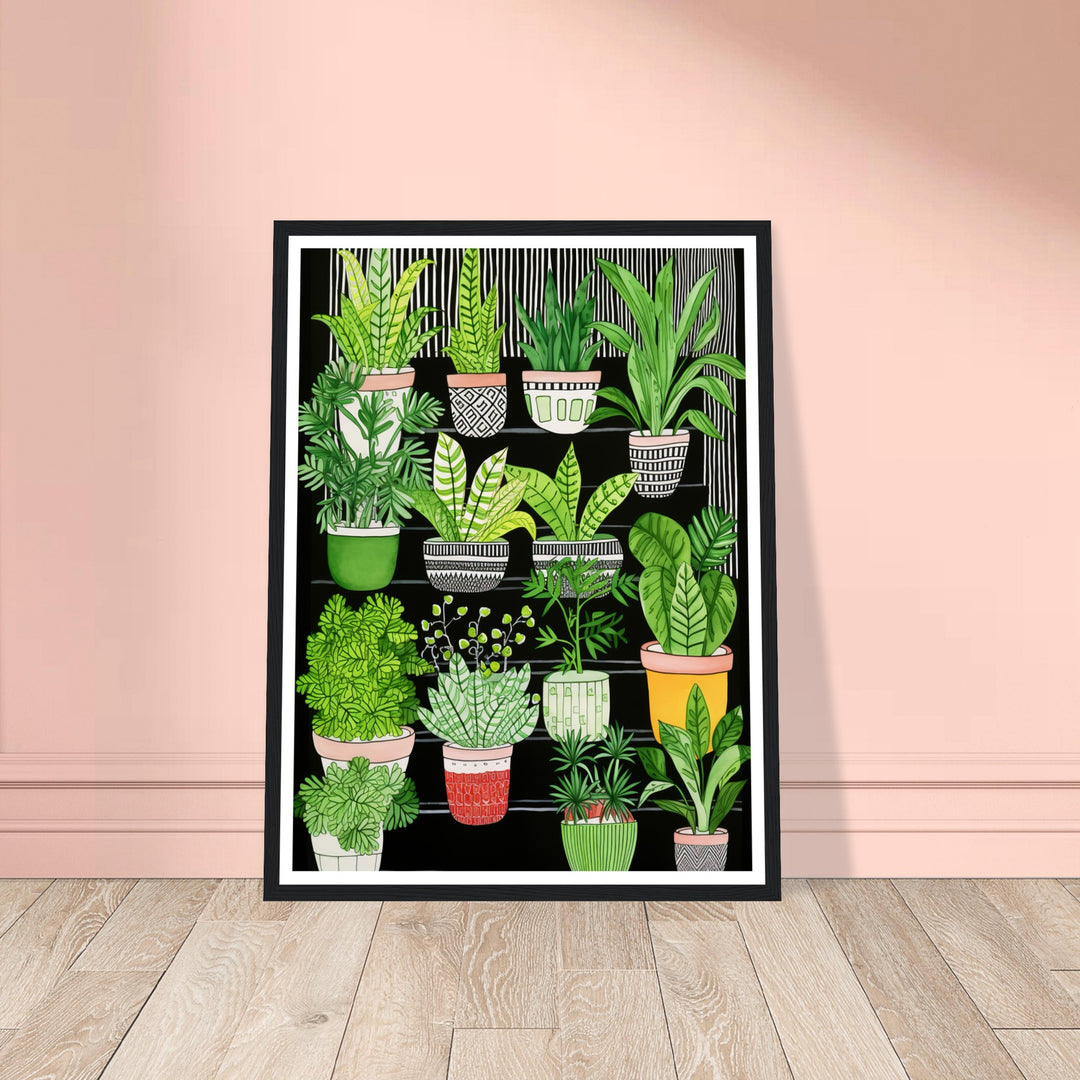 Whimsical Dark Staircase with Potted House Plants Wall Art Print