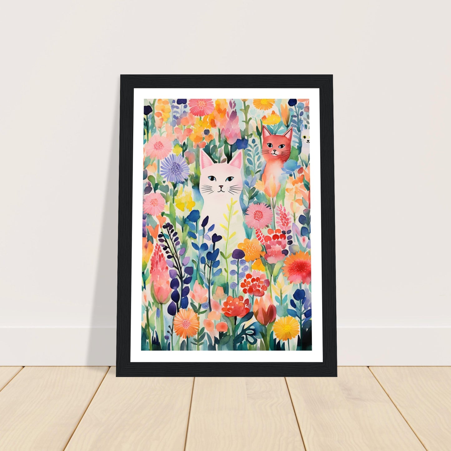 Whimsical Flower Garden Cats Wall Art Print