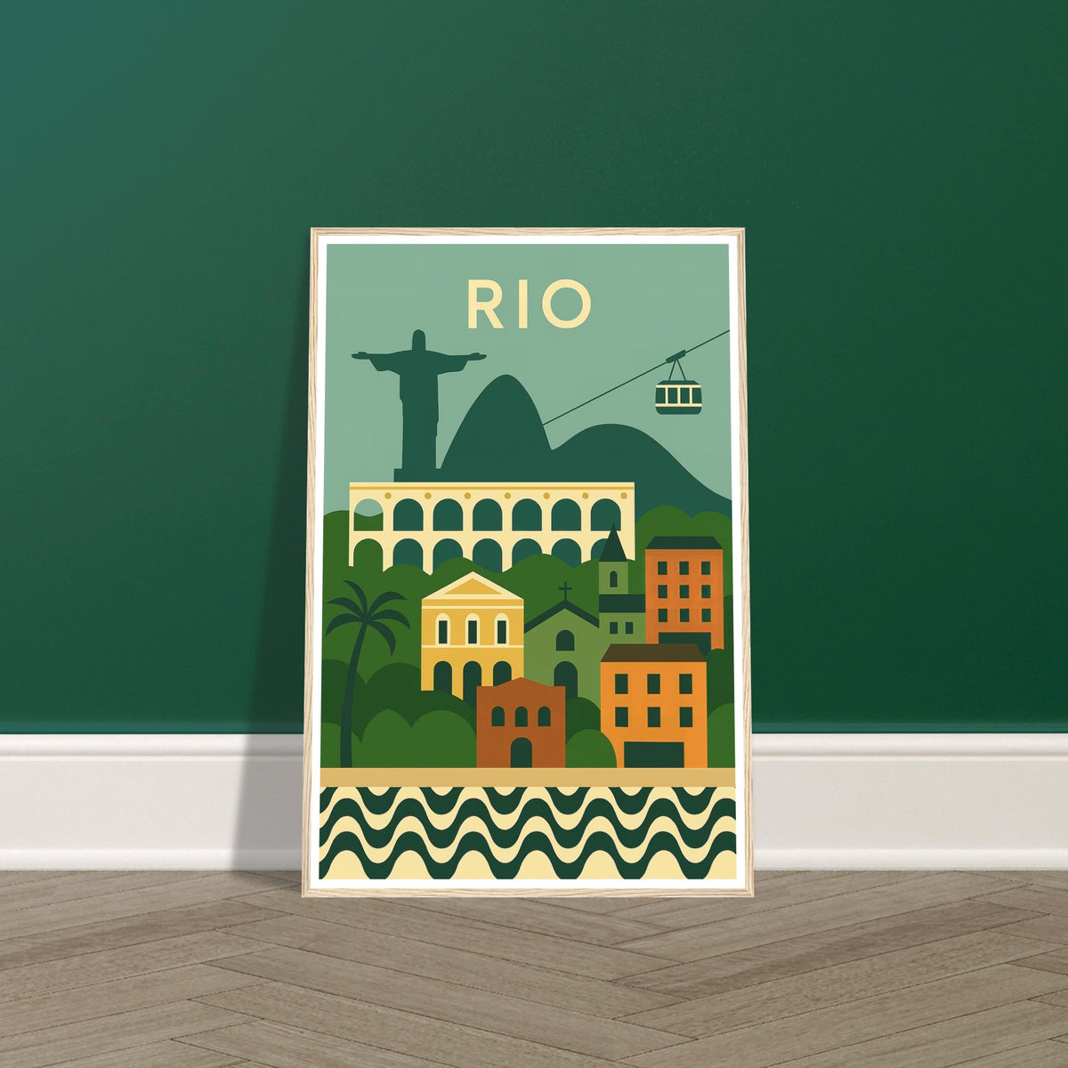 Rio de Janeiro cityscape and landmarks art print in a light wood frame, 60x90 cm