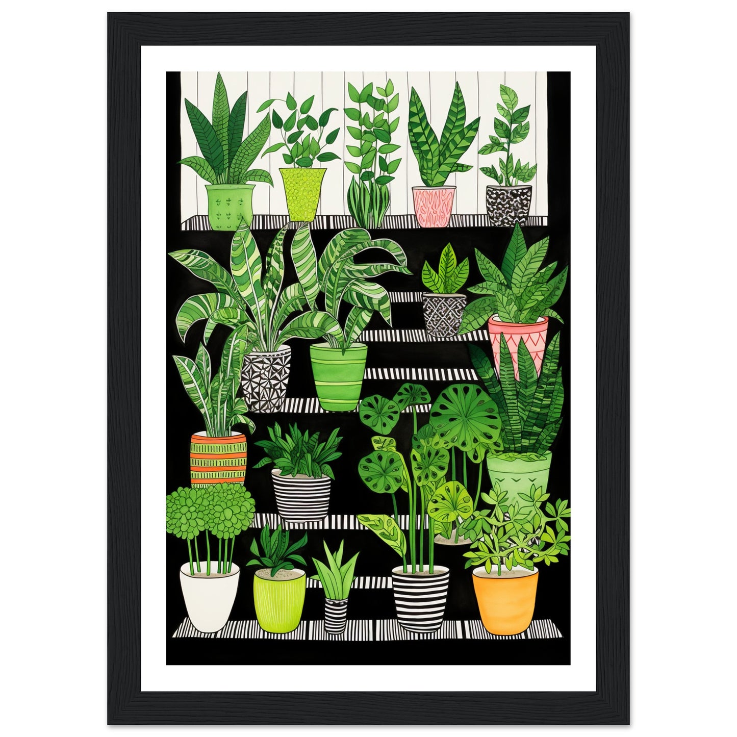 Folklore-Inspired Staircase and Potted Plants Wall Art Print