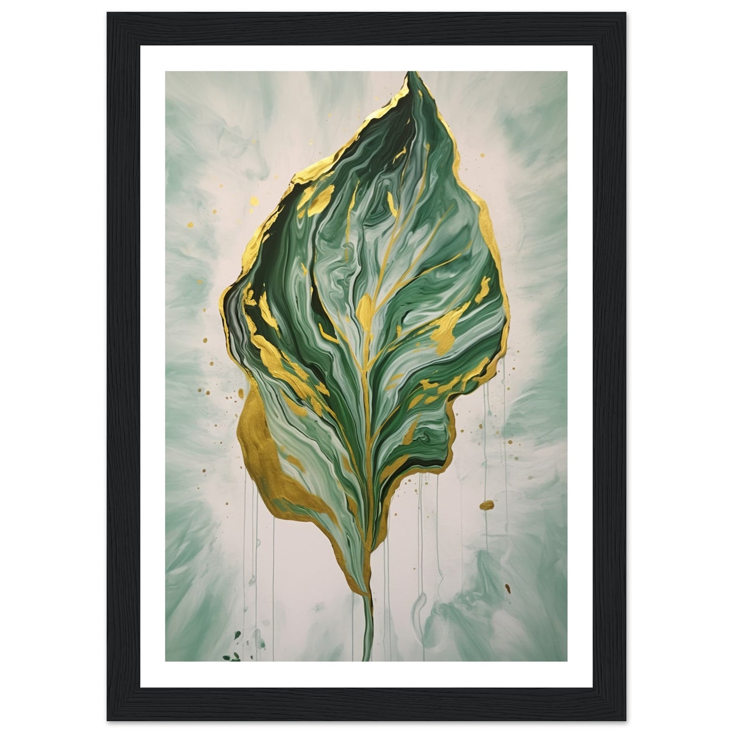 Fluid Melting Fiddle Leaf in Green and Gold Abstract Wall Art Print