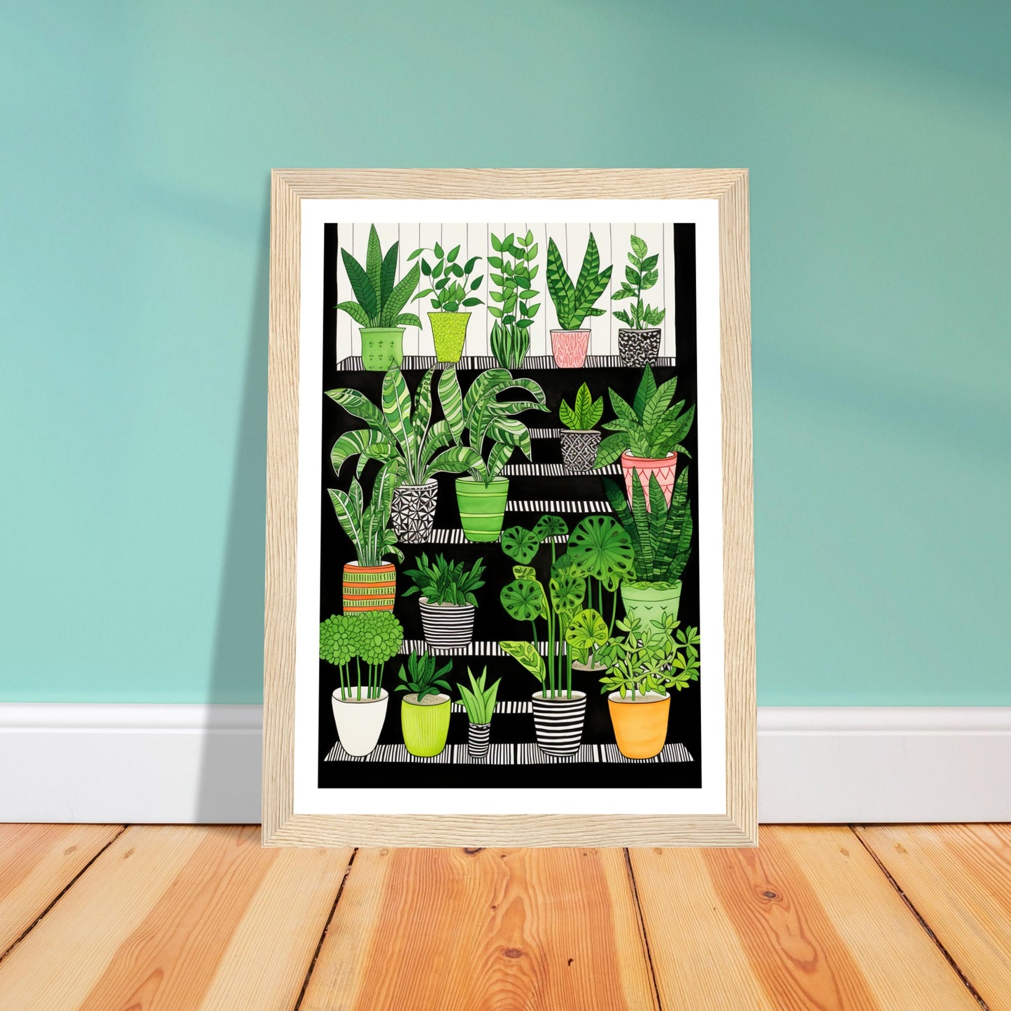 Folklore-Inspired Staircase and Potted Plants Wall Art Print