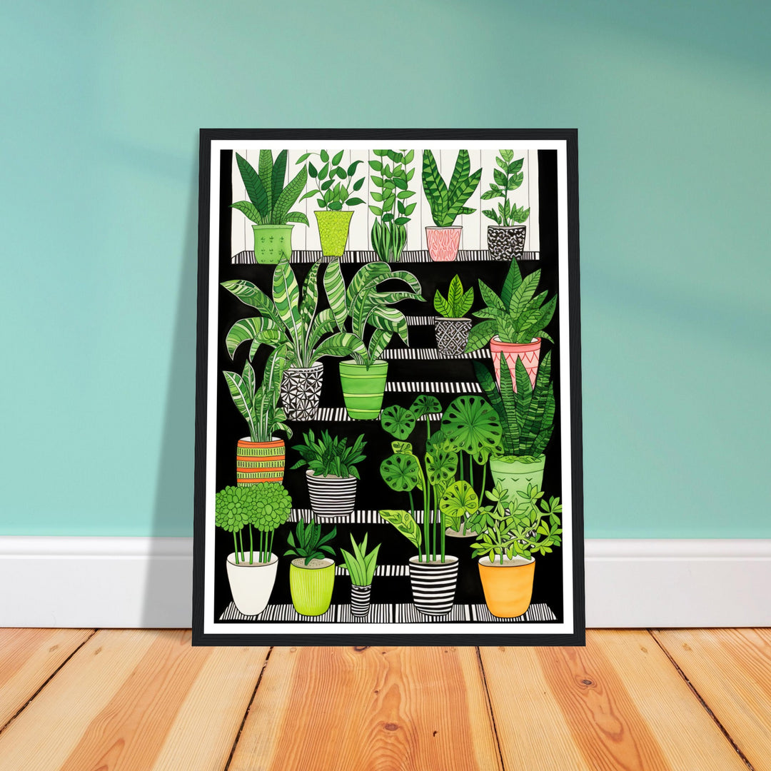 Folklore-Inspired Staircase and Potted Plants Wall Art Print