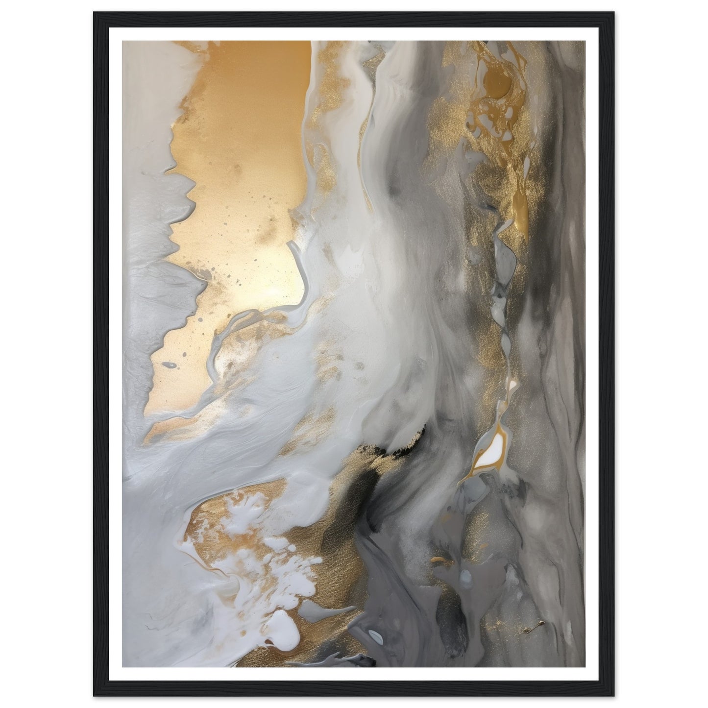 Fluid Melodies of Black, White, and Gold Abstract Wall Art Print