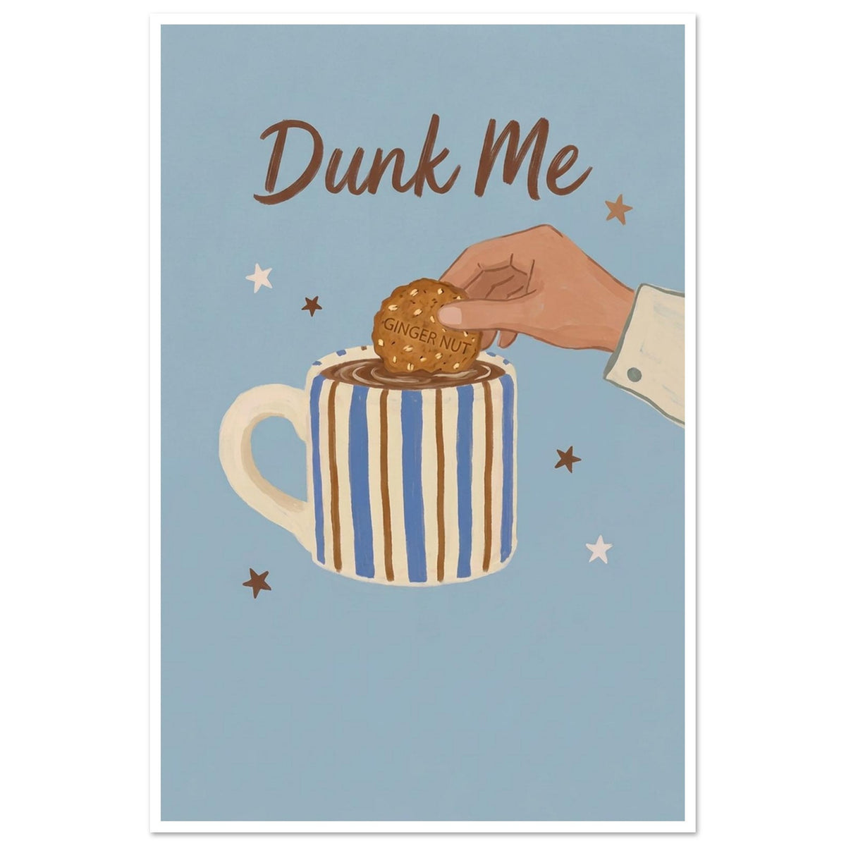 Biscuit dunking into a striped mug art print, unframed, 60x90 cm