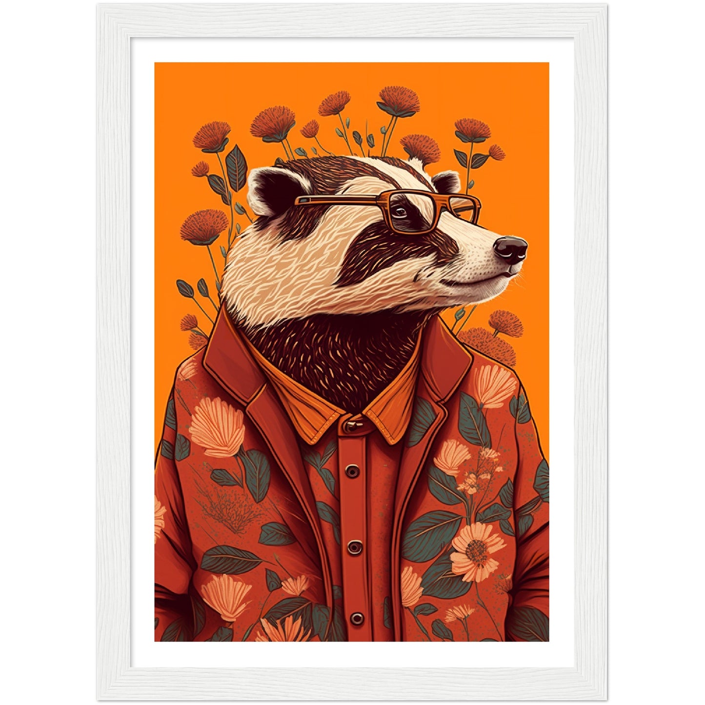 Charming Floral Badger Animal Portraiture Wall Art Print