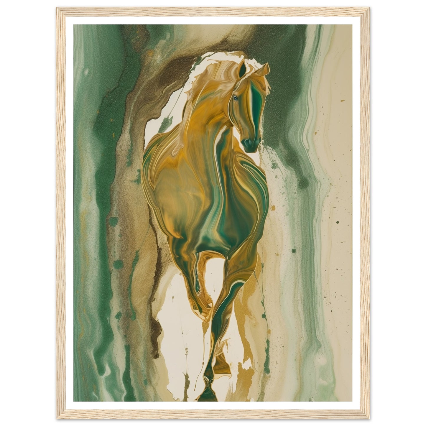 Golden Gallop - Fluid Green and Gold Horse Wall Art Print