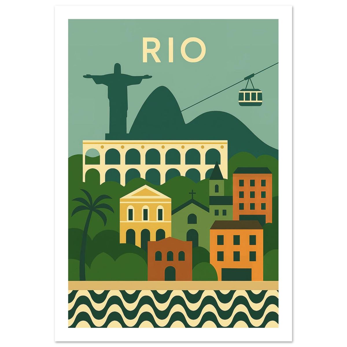 Rio de Janeiro cityscape and landmarks art print, unframed, A4