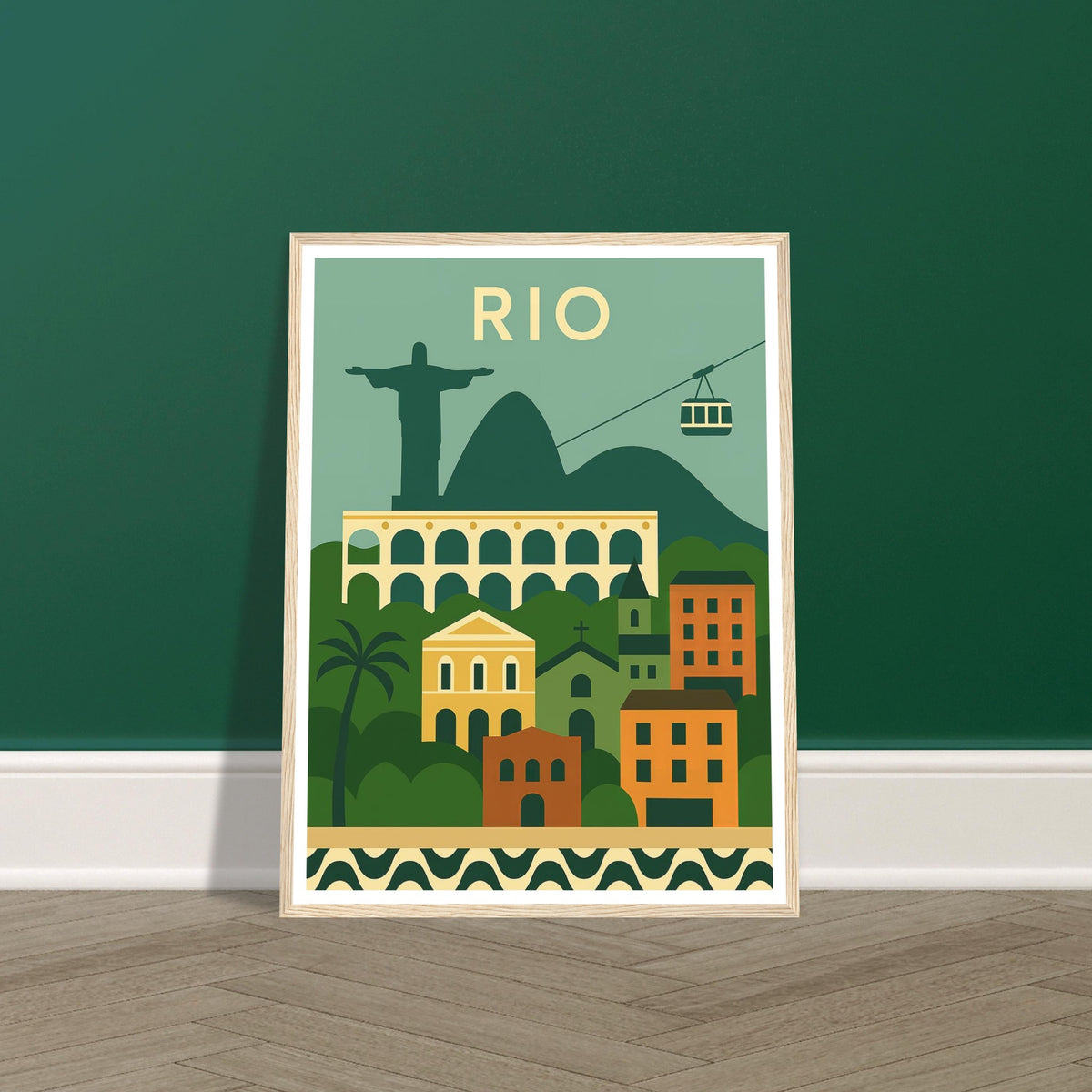 Rio de Janeiro cityscape and landmarks art print in a light wood frame, 45x60 cm
