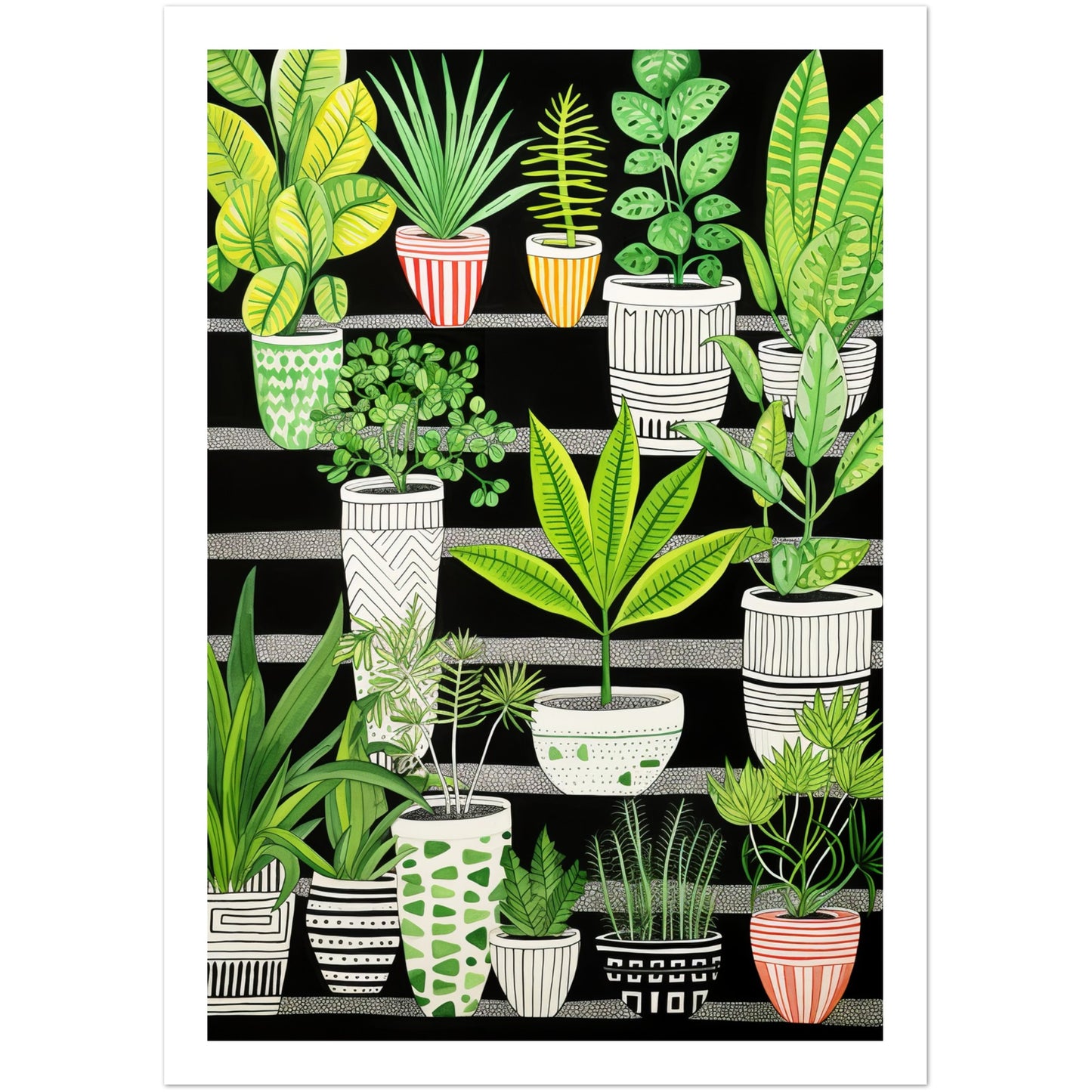 Whimsical Green & Black Potted Plants Wall Art Print