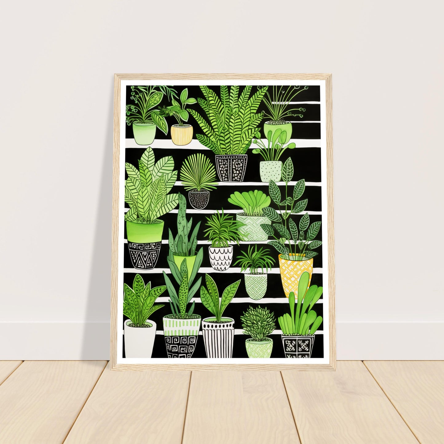 Vibrant Green House Plants in Monochrome Pots Wall Art Print