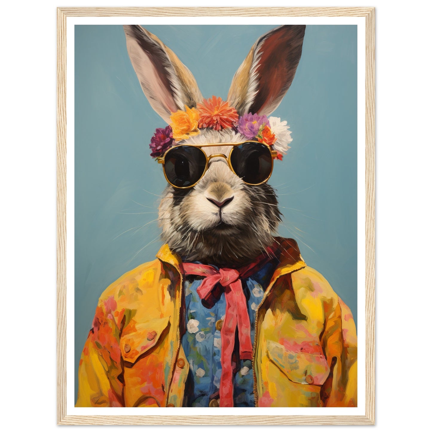 Whimsical Hippy Rabbit Flower Power Wall Art Print