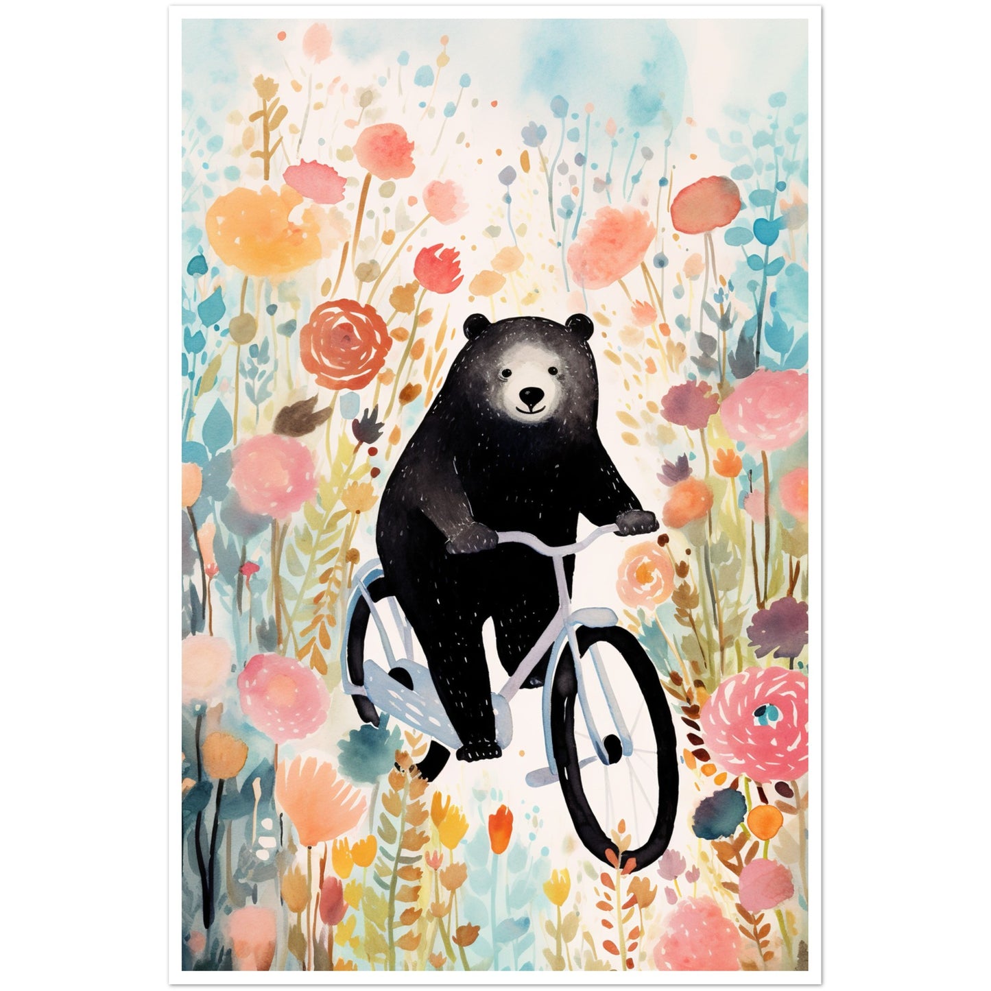 Folklore-Inspired Bear on Bike Floral Wall Art Print