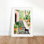 Load image into Gallery viewer, Whimsical Plants &amp; Dog on Spanish Villa Stairs Wall Art Print
