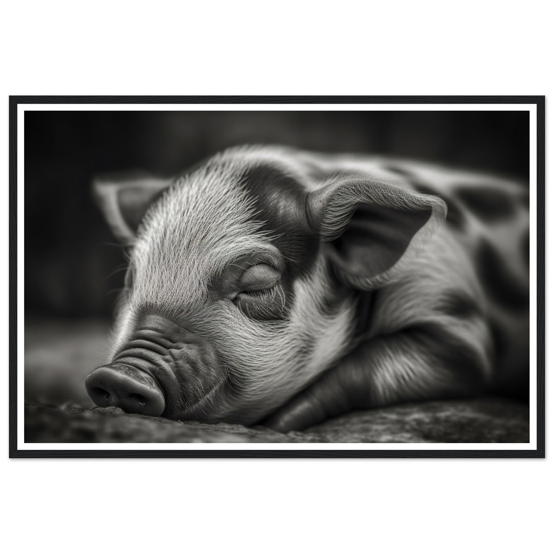 Black and White Sleeping Piglet Photograph Wall Art Print