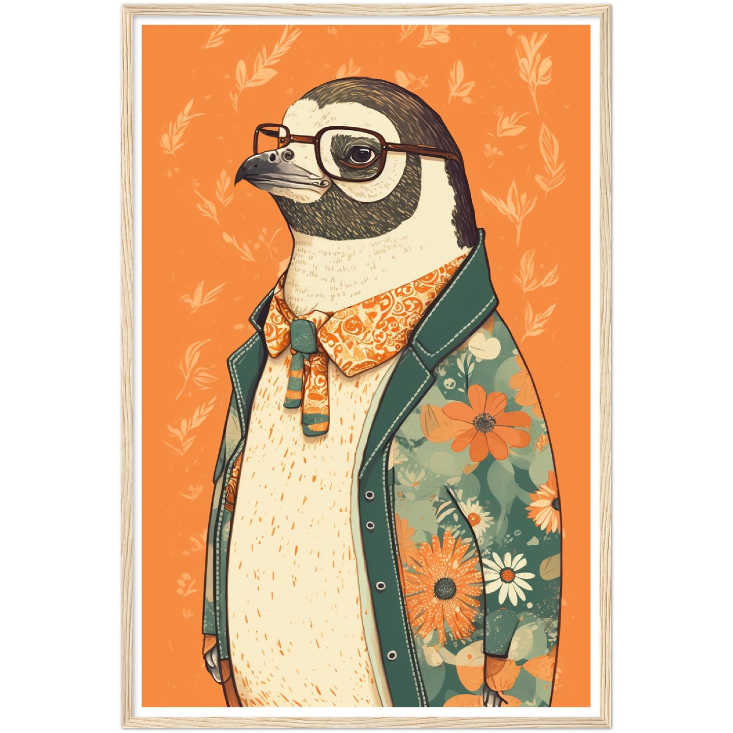 Penguin Chic Floral Jacket Illustration Wall Art Print