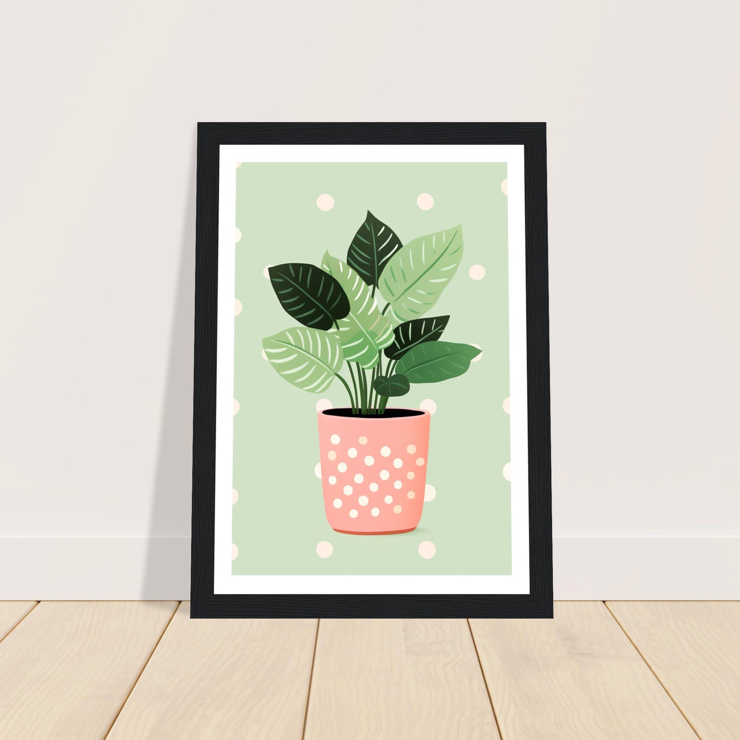 Playful Green House Plant in Pink Polka Dot Vase Wall Art Print