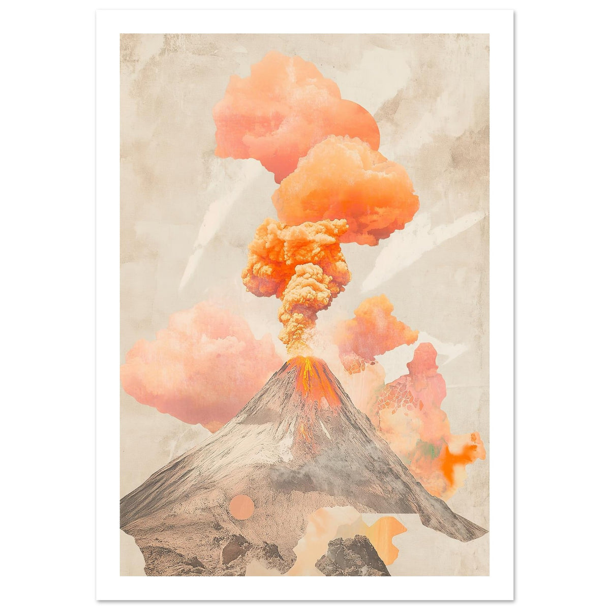 Volcano with orange smoke art print, unframed, A4