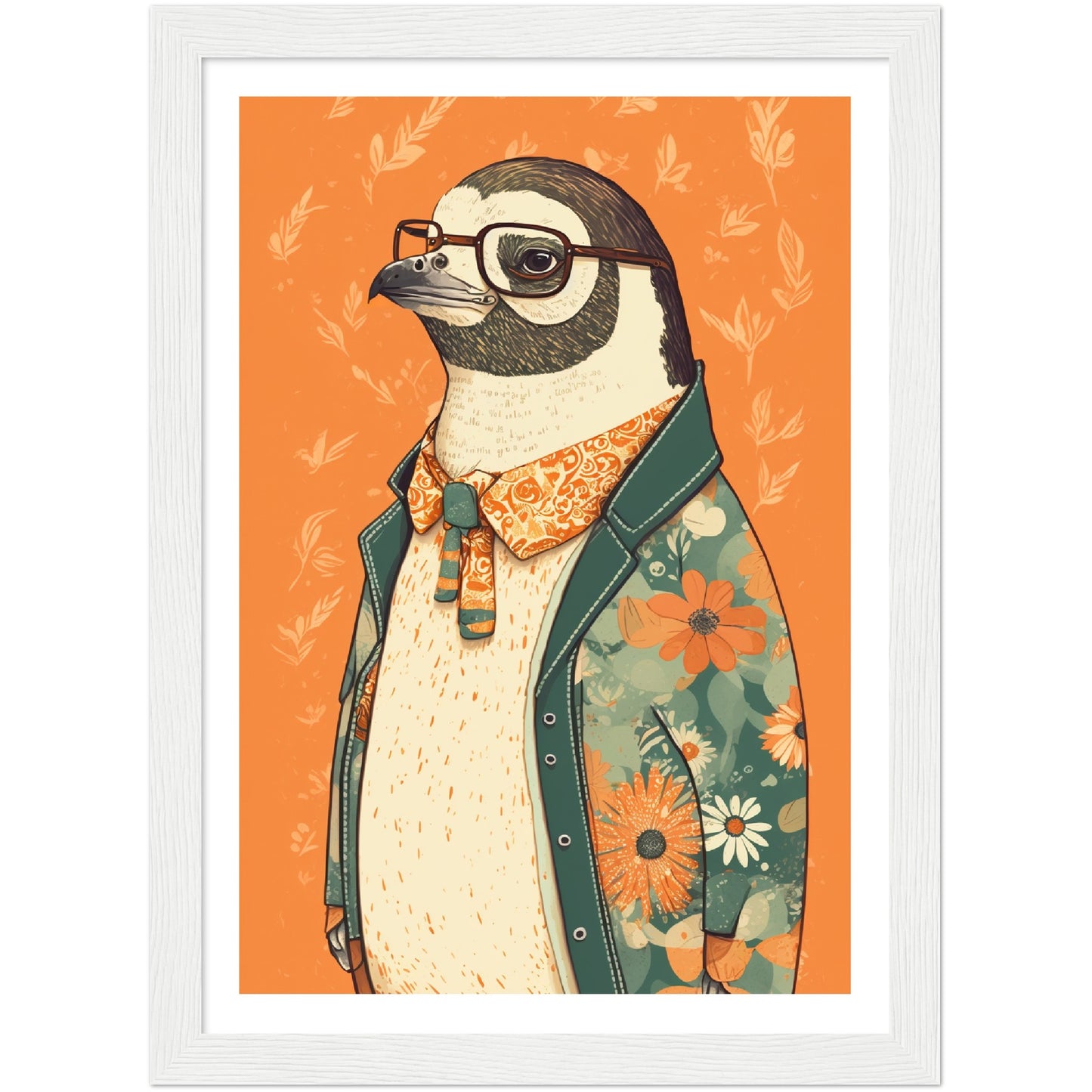 Penguin Chic Floral Jacket Illustration Wall Art Print