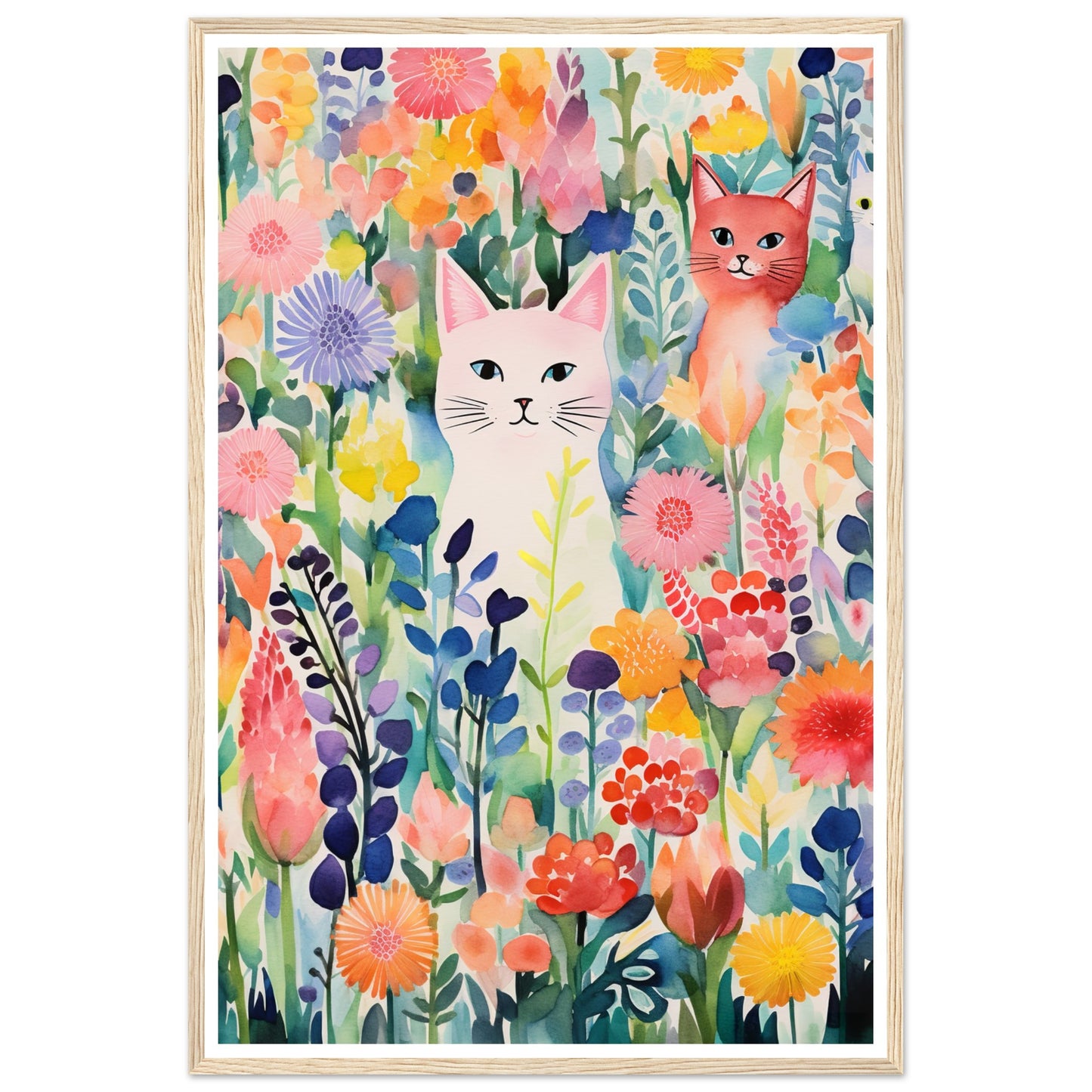 Whimsical Flower Garden Cats Wall Art Print