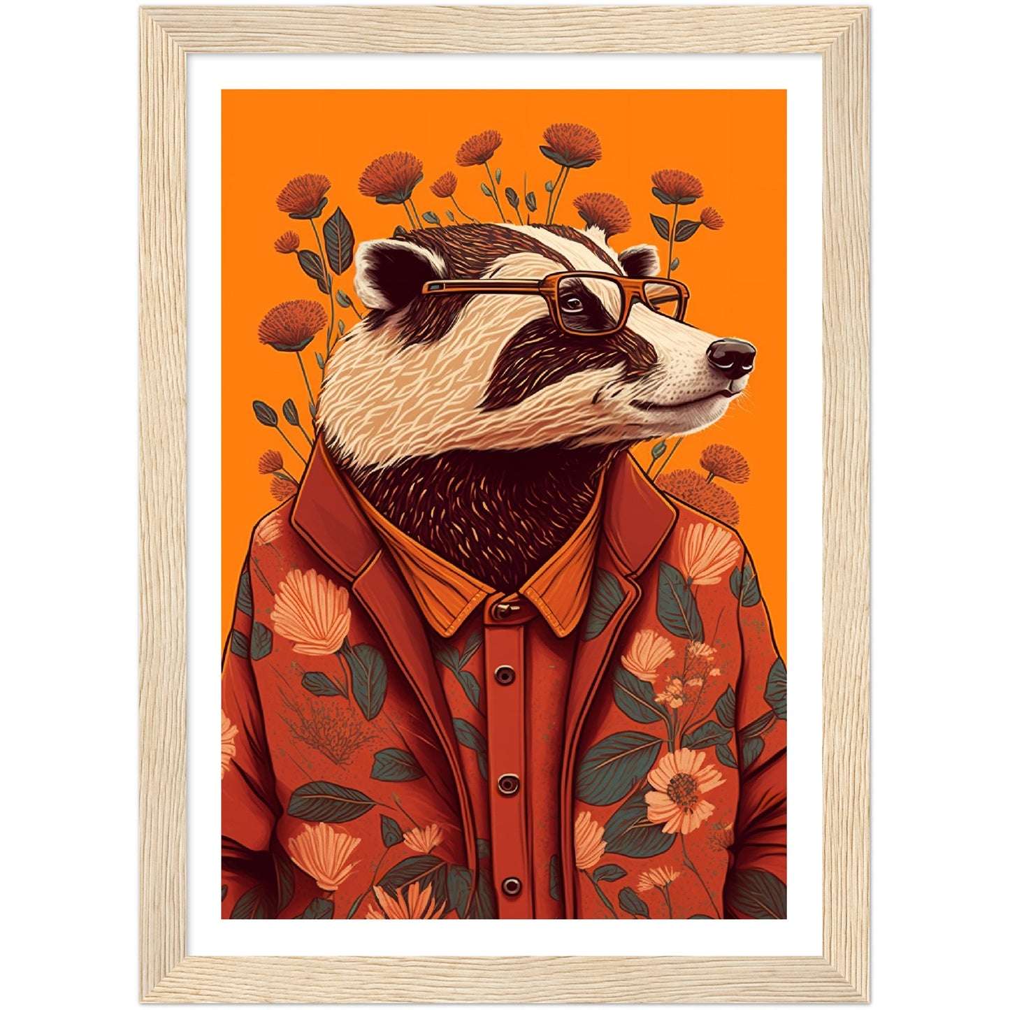 Charming Floral Badger Animal Portraiture Wall Art Print