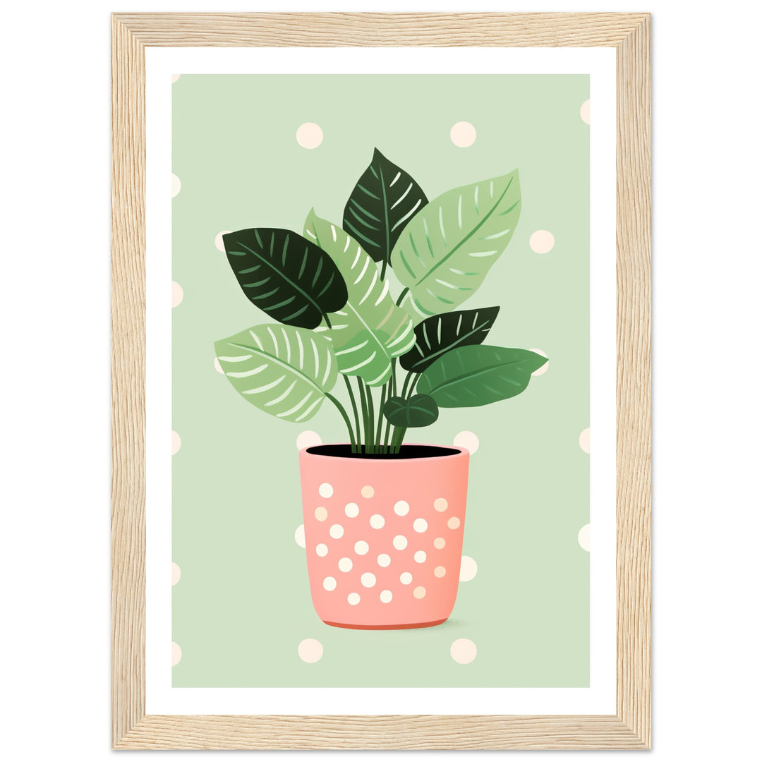 Playful Green House Plant in Pink Polka Dot Vase Wall Art Print