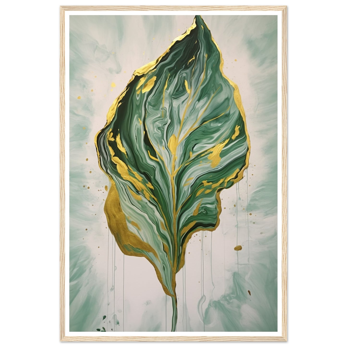 Fluid Melting Fiddle Leaf in Green and Gold Abstract Wall Art Print