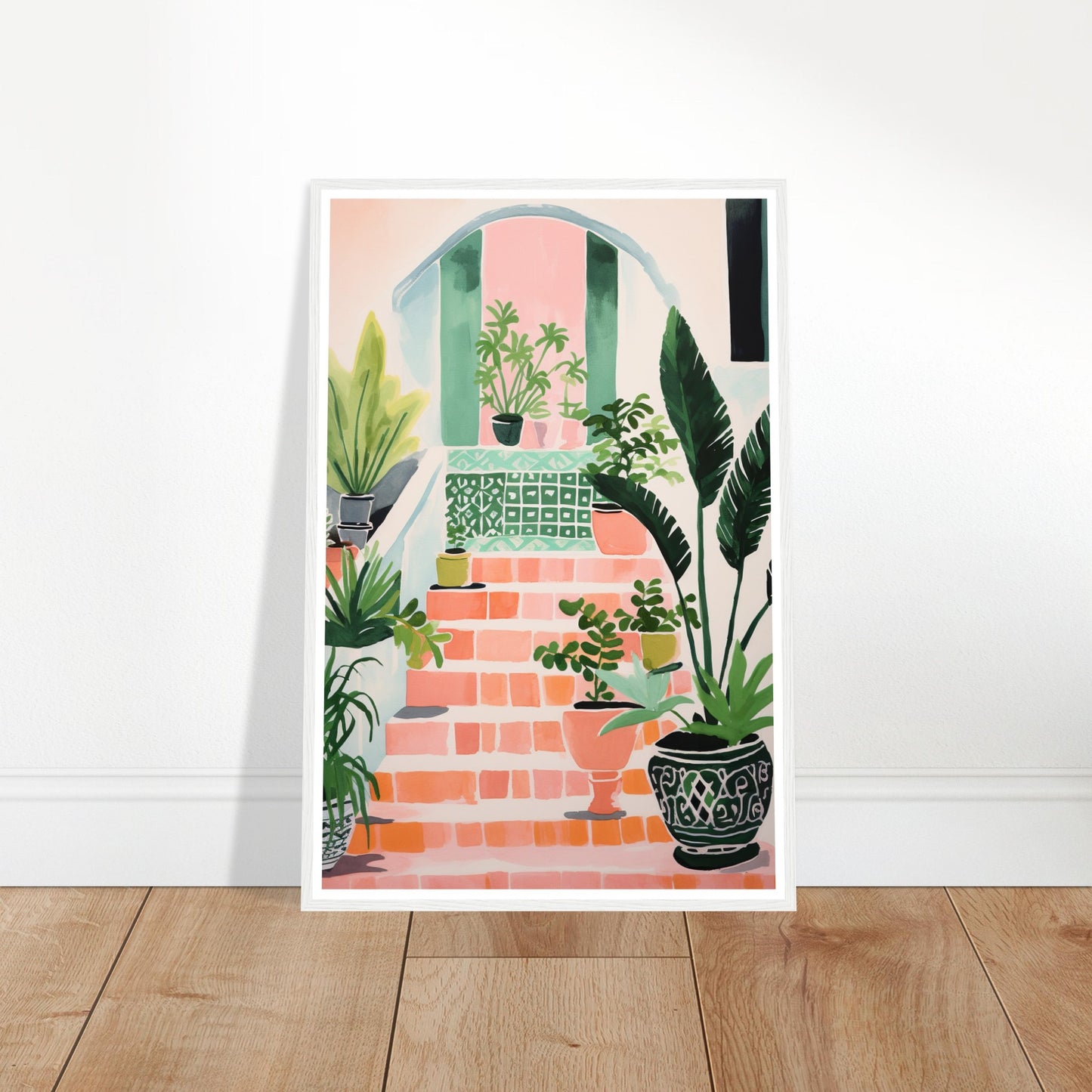 Mediterranean Stairs and Vibrant Potted Plants Wall Art Print