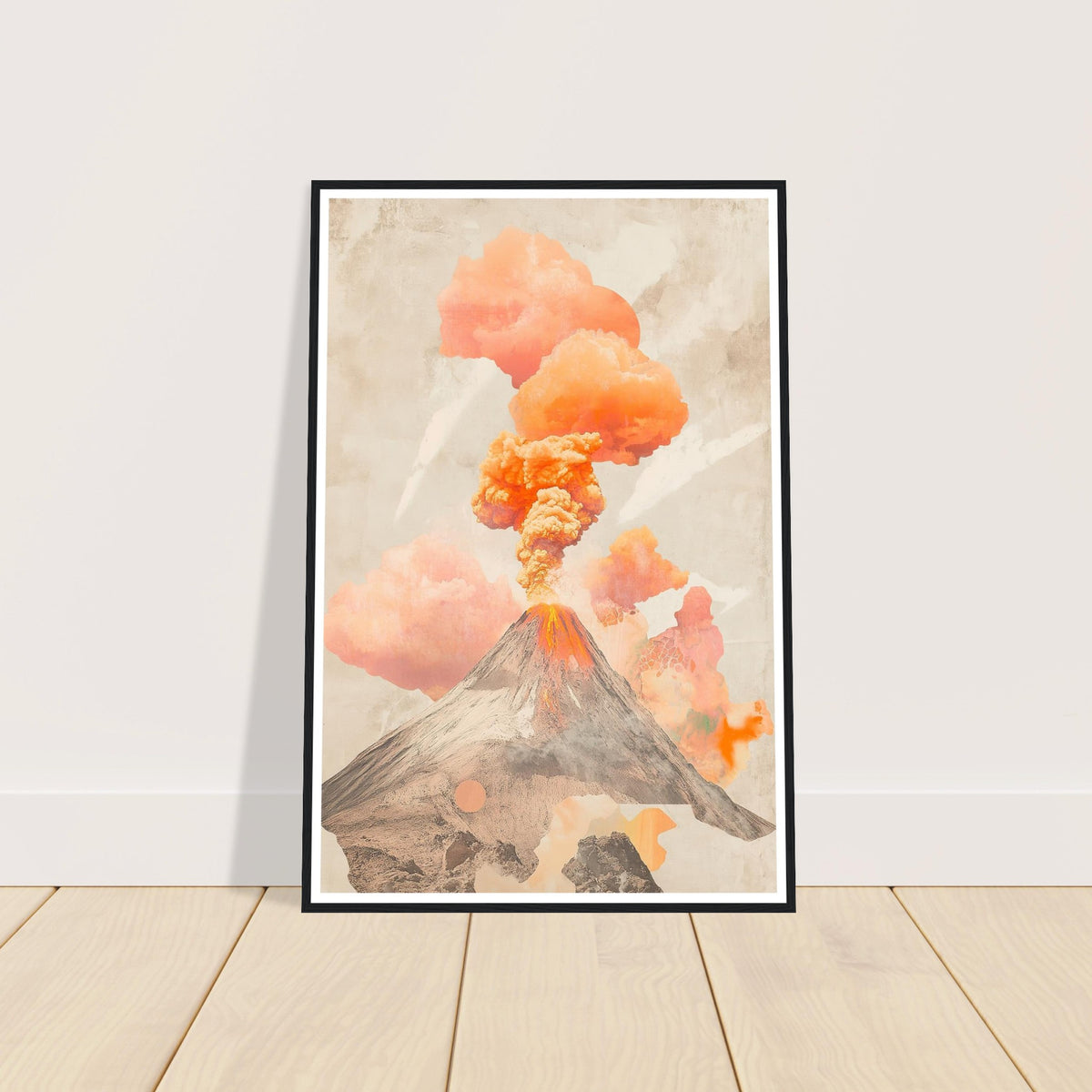 Volcano with orange smoke art print in a black wood frame, 60x90 cm