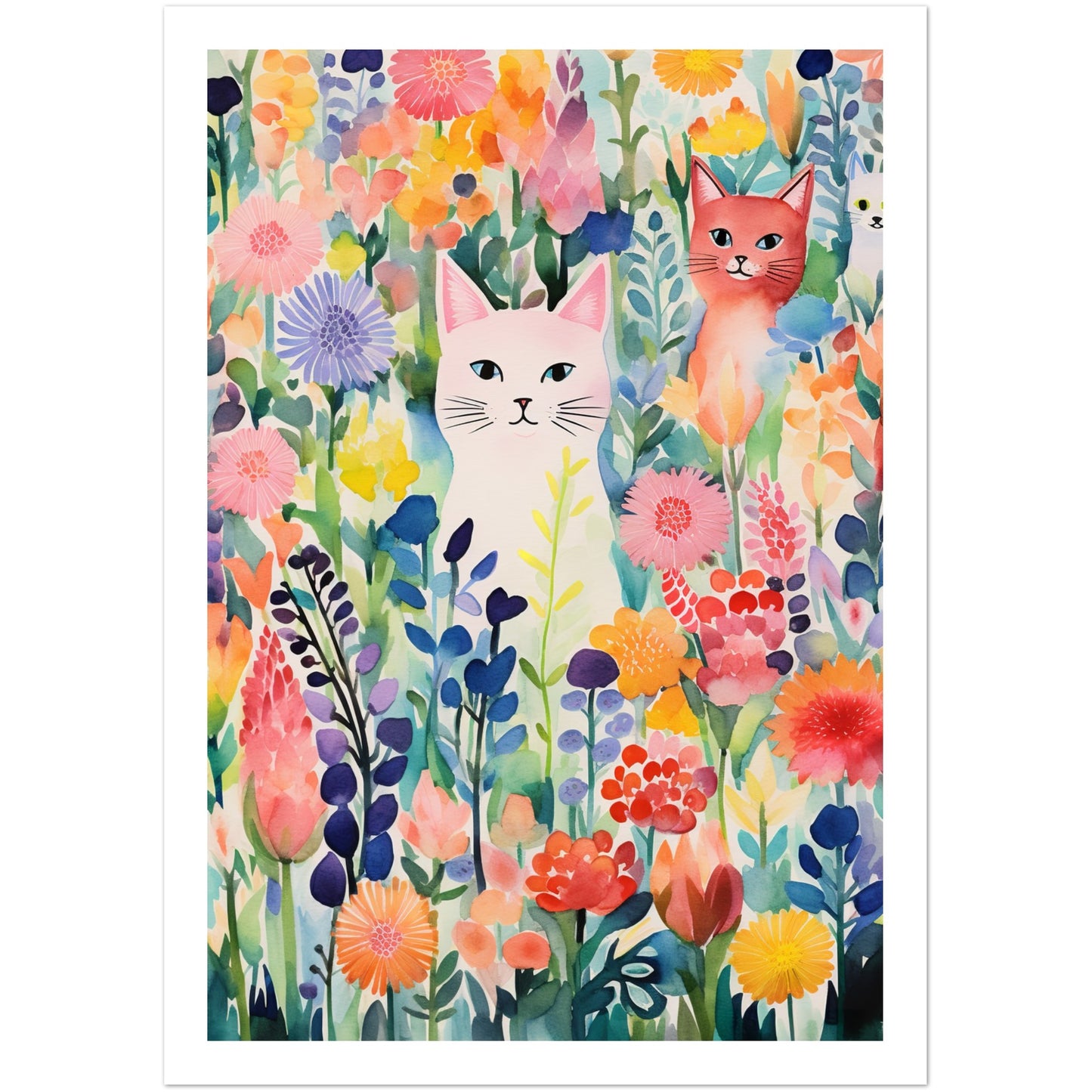 Whimsical Flower Garden Cats Wall Art Print