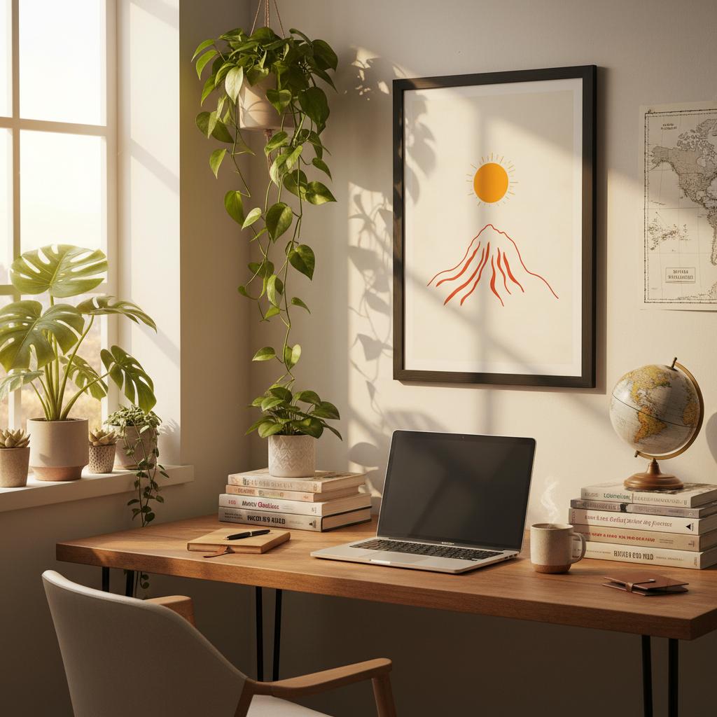 Orange sun over red mountain wall art print, image 13