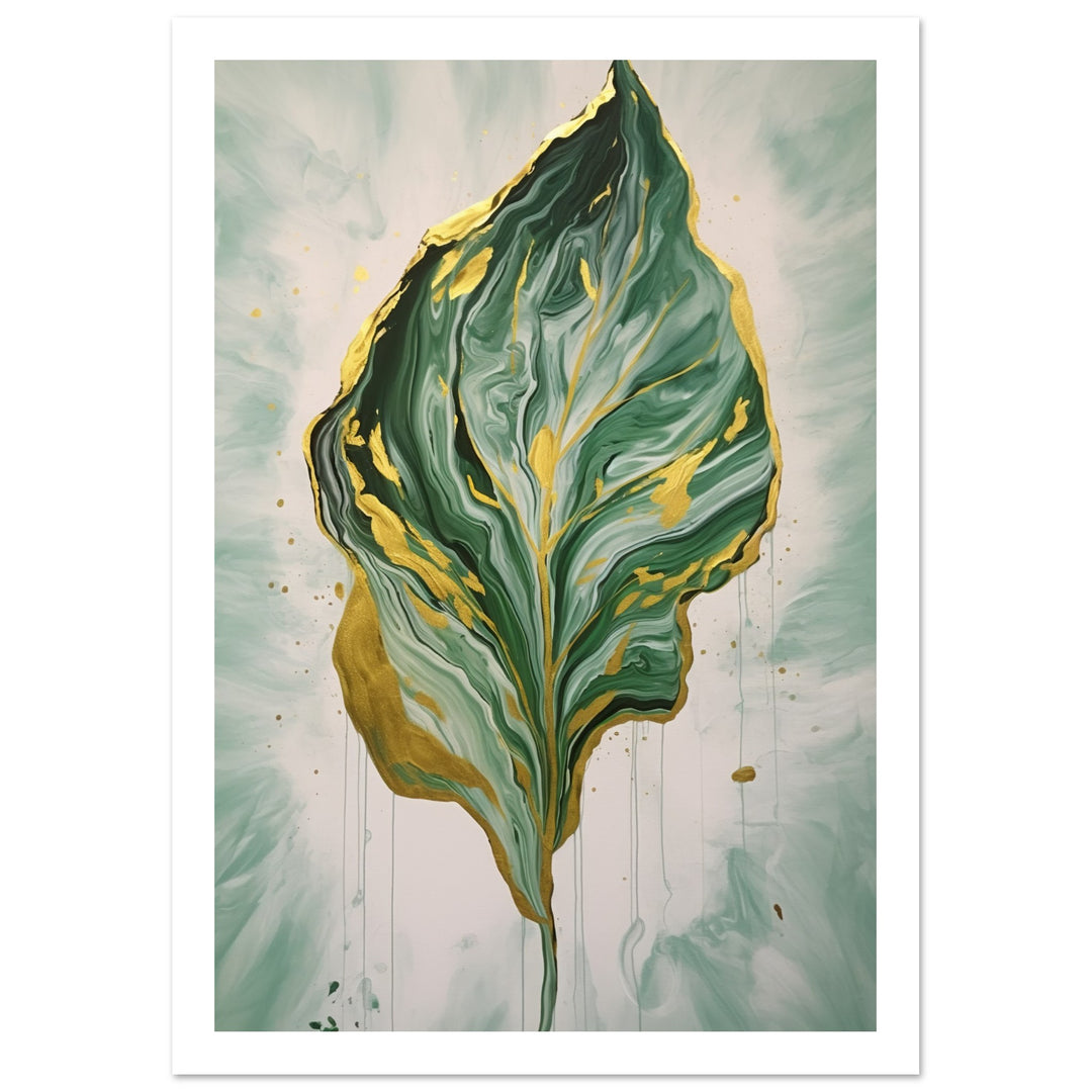 Fluid Melting Fiddle Leaf in Green and Gold Abstract Wall Art Print