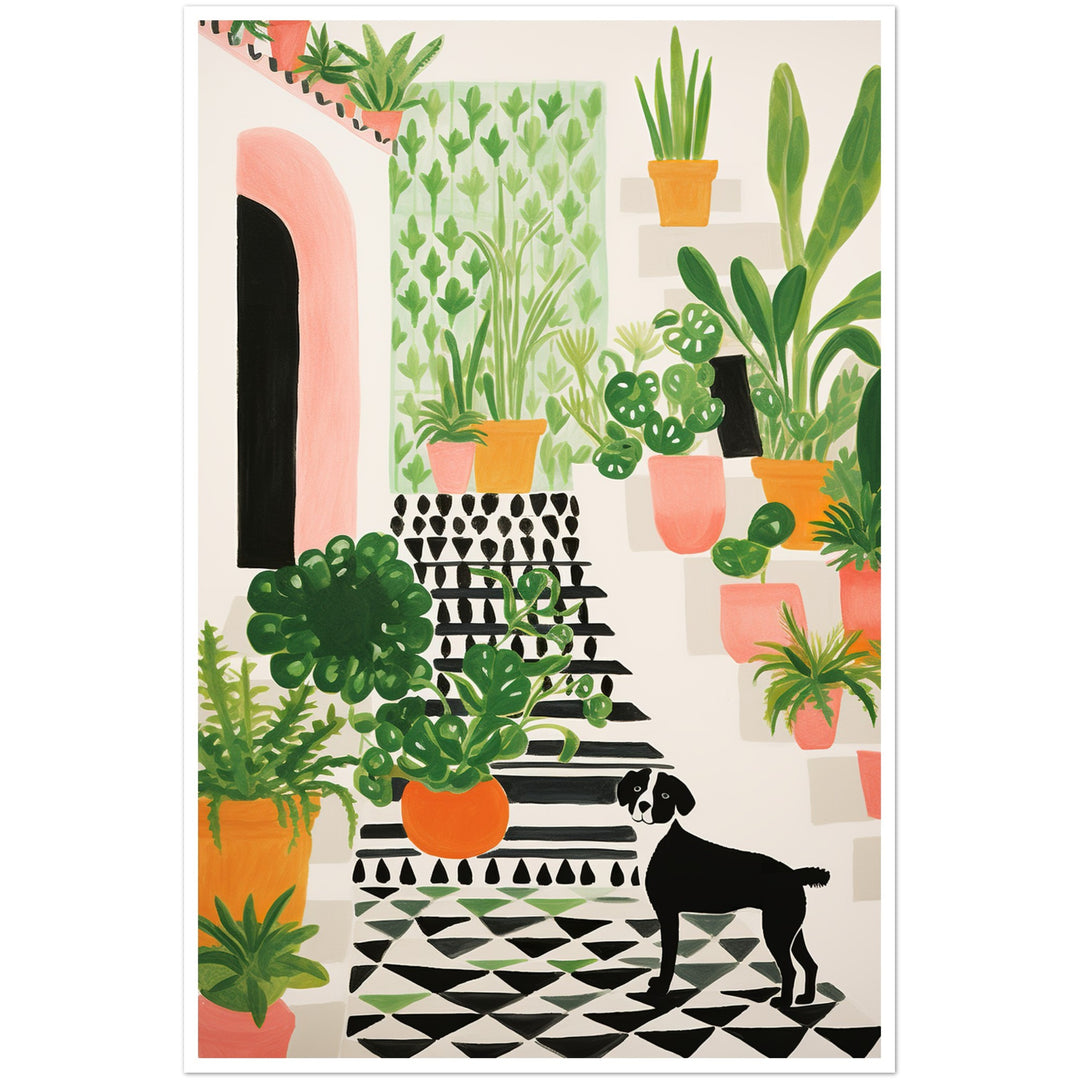 Whimsical Plants & Dog on Spanish Villa Stairs Wall Art Print