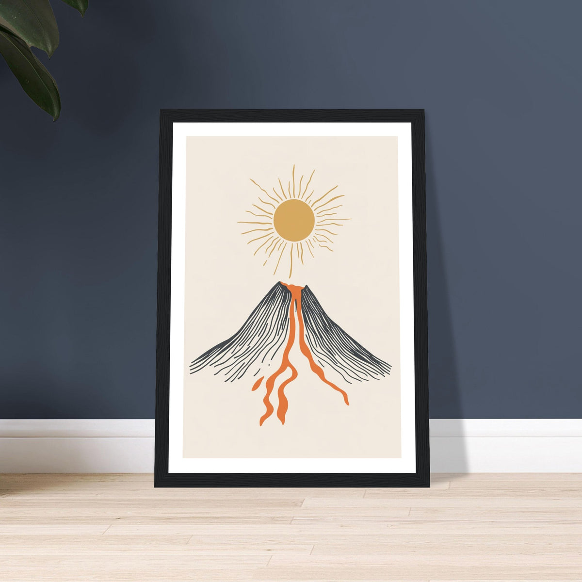 Stylised volcano with orange lava art print in a black wood frame, A4