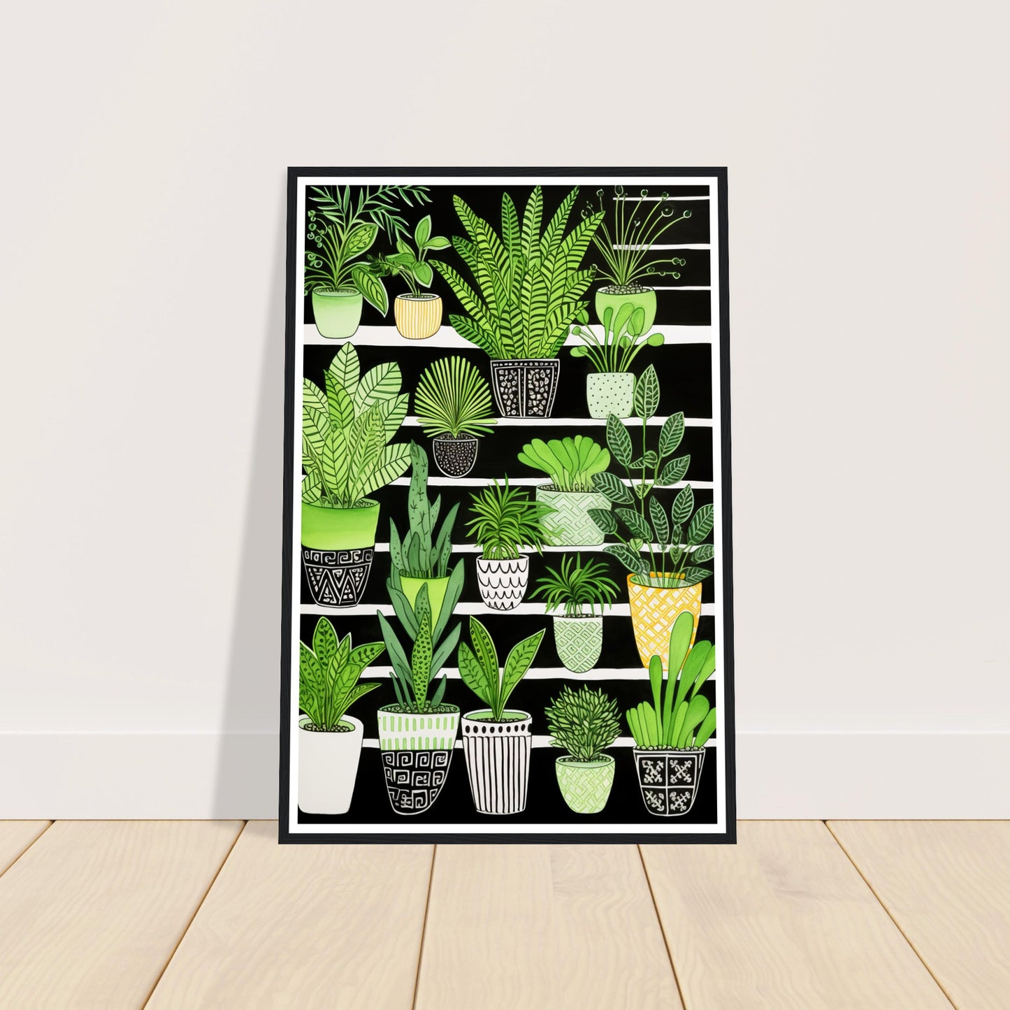 Vibrant Green House Plants in Monochrome Pots Wall Art Print