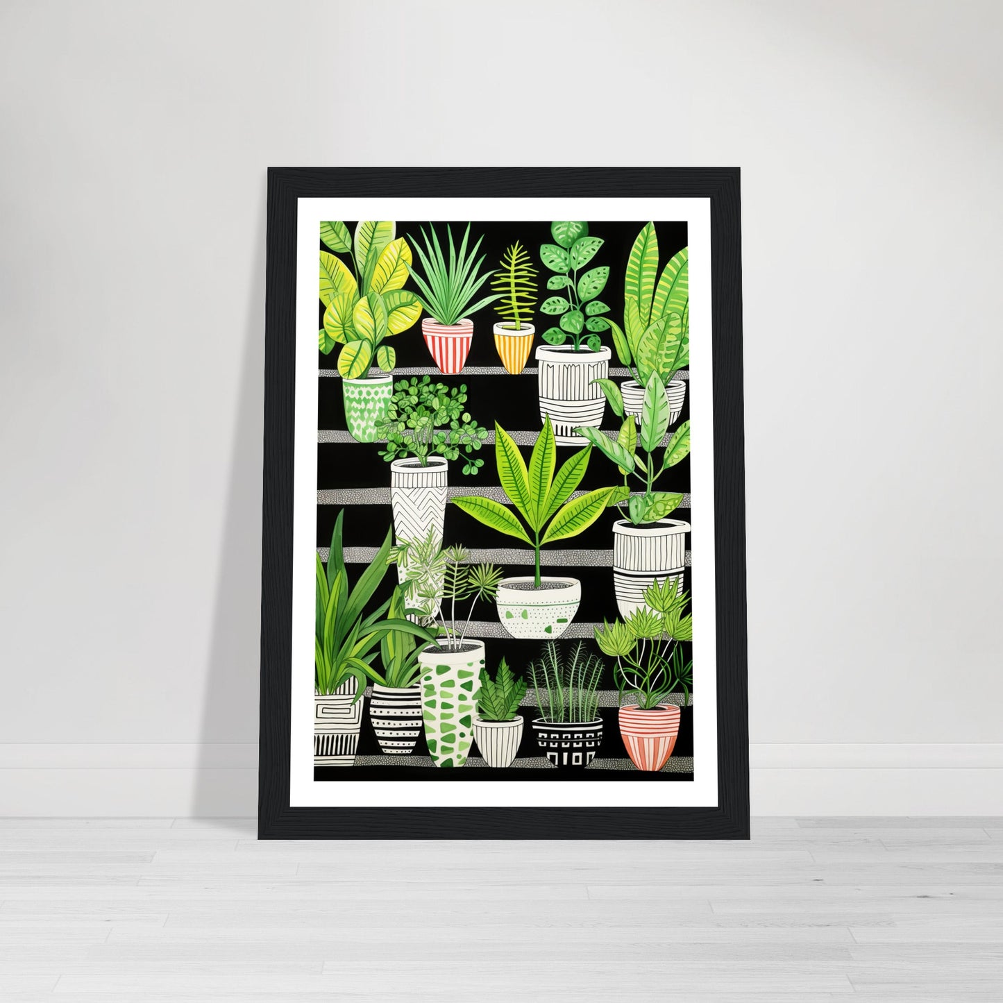 Whimsical Green & Black Potted Plants Wall Art Print