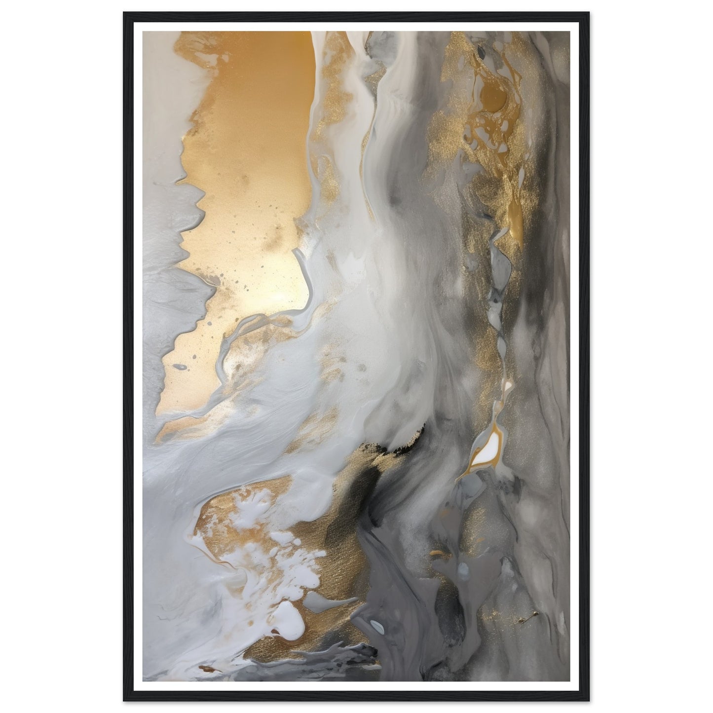 Fluid Melodies of Black, White, and Gold Abstract Wall Art Print