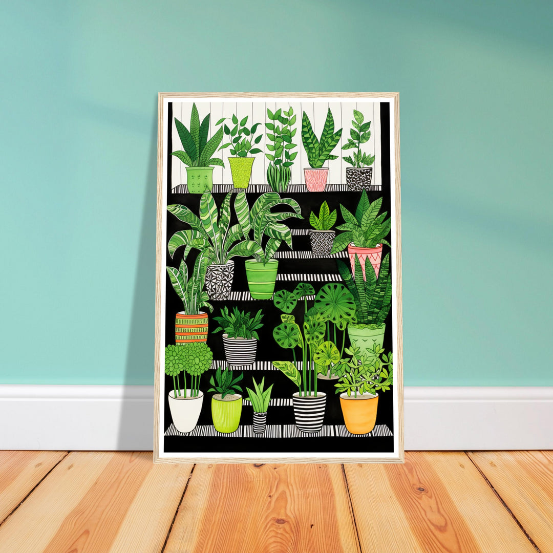 Folklore-Inspired Staircase and Potted Plants Wall Art Print