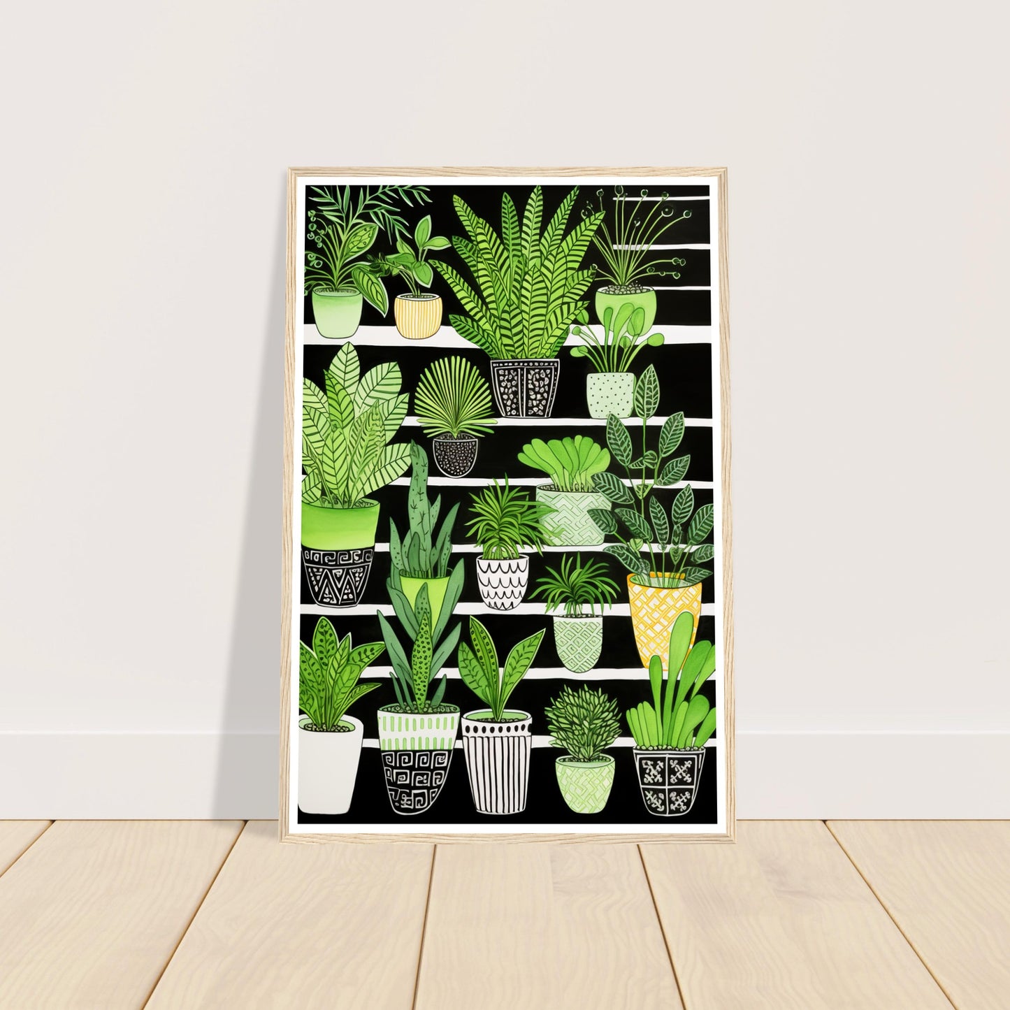 Vibrant Green House Plants in Monochrome Pots Wall Art Print