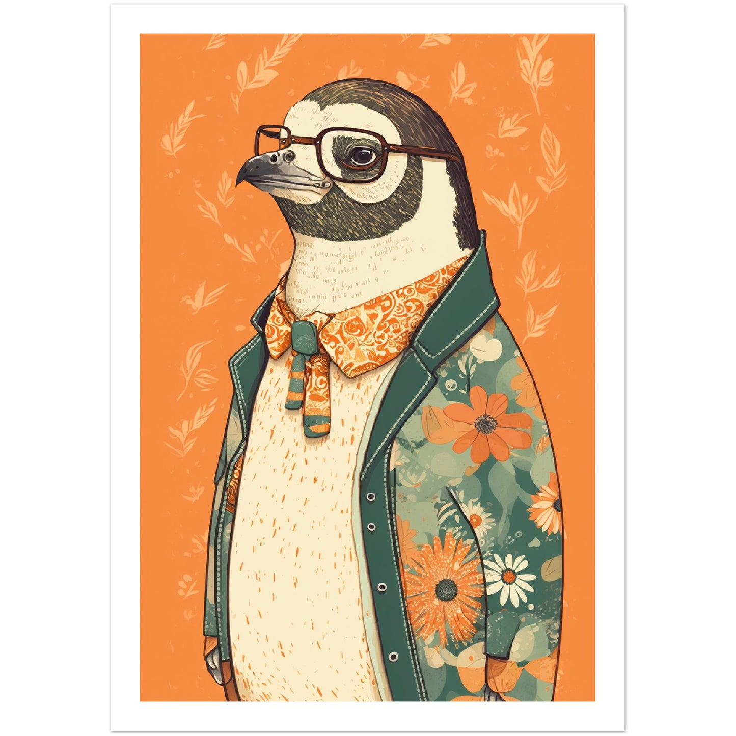 Penguin Chic Floral Jacket Illustration Wall Art Print