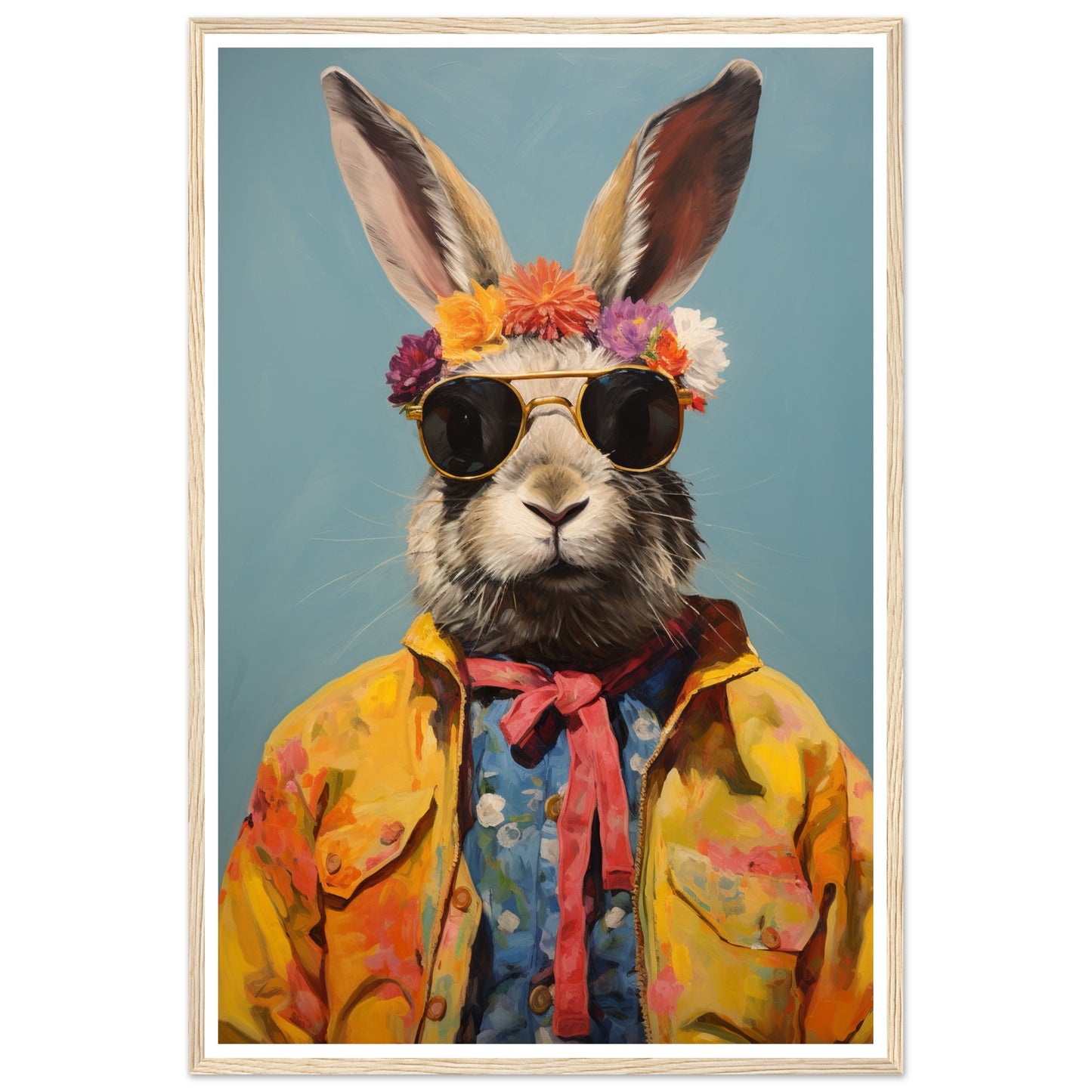 Whimsical Hippy Rabbit Flower Power Wall Art Print