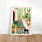 Whimsical Plants & Dog on Spanish Villa Stairs Wall Art Print