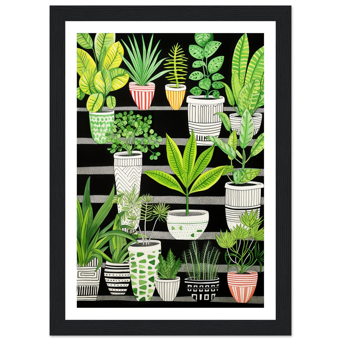 Whimsical Green & Black Potted Plants Wall Art Print