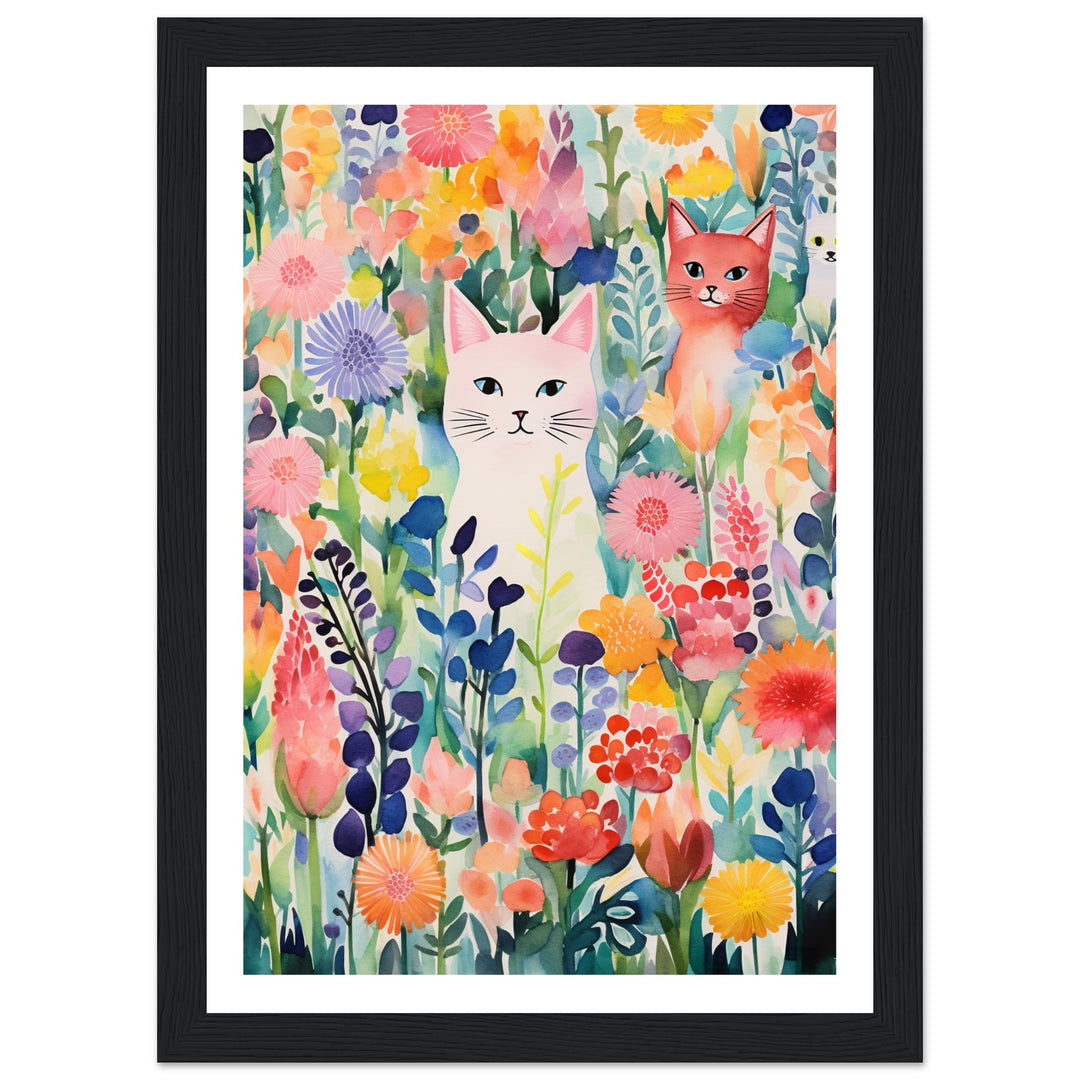 Whimsical Flower Garden Cats Wall Art Print