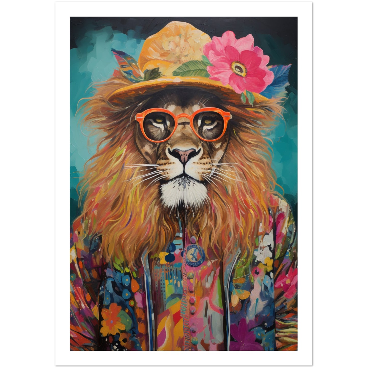 Flower Power Hippy Lion Wall Art Print