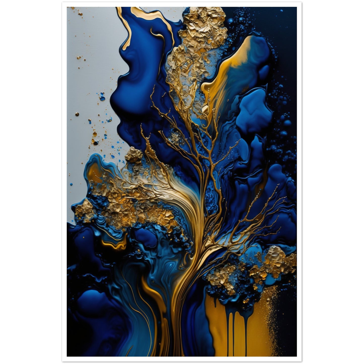 Golden Blue Waves Abstract Wall Art Print