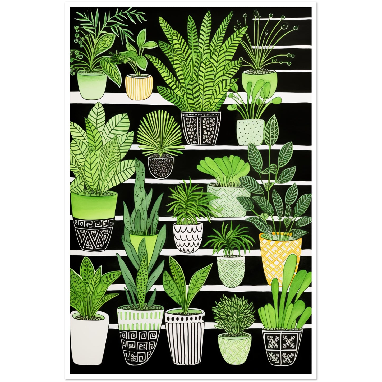 Vibrant Green House Plants in Monochrome Pots Wall Art Print