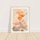 Volcano with orange smoke art print in a light wood frame, A4