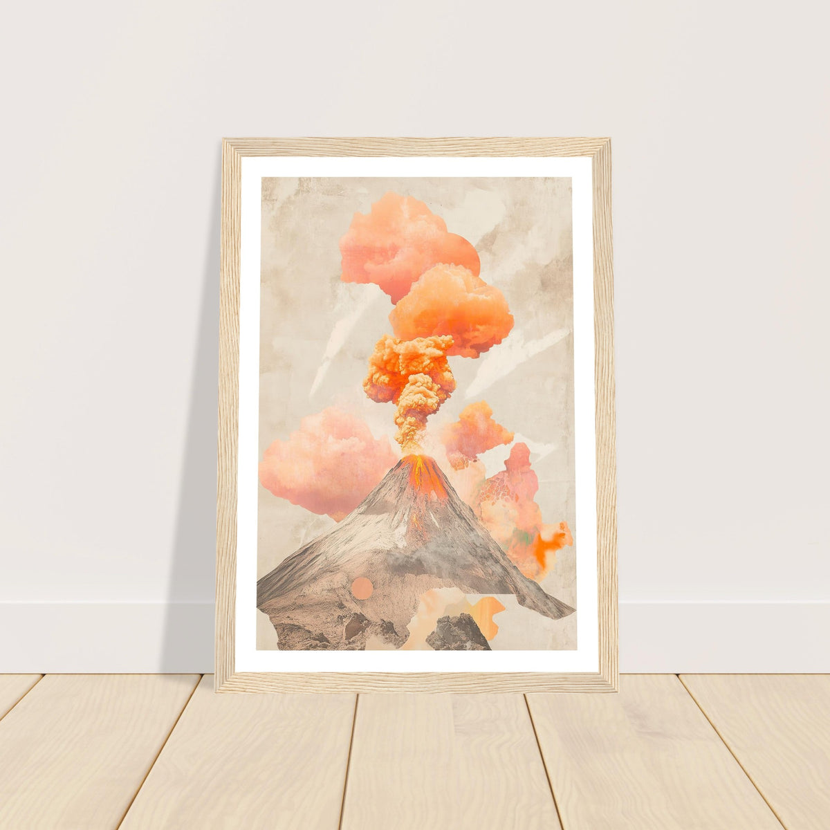 Volcano with orange smoke art print in a light wood frame, A4